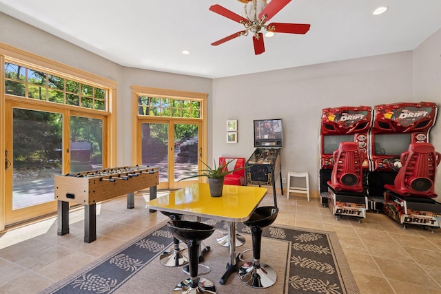 614 Hidden Creek Trl, Mendota Heights, MN 55118 - rec room with tile patterned flooring, a ceiling fan, recessed lighting, and baseboards