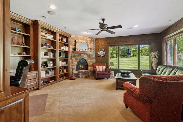 614 Hidden Creek Trl, Mendota Heights, MN 55118 - carpeted living room featuring a fireplace and a ceiling fan