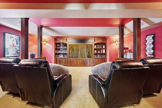 614 Hidden Creek Trl, Mendota Heights, MN 55118 - cinema featuring decorative columns, carpet floors, and built in shelves