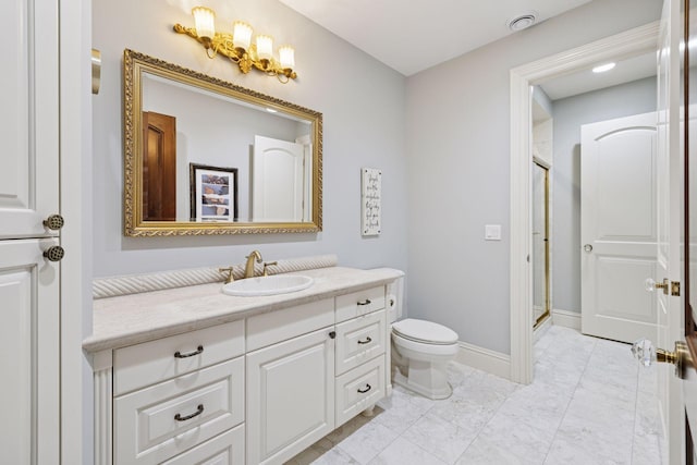 614 Hidden Creek Trl, Mendota Heights, MN 55118 - bathroom featuring a stall shower, vanity, toilet, marble finish flooring, and baseboards