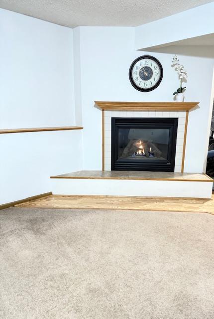 1415 Trailwood Ln SW, Faribault, MN 55021 - detailed view of a tiled fireplace, a textured ceiling, carpet flooring, and baseboards