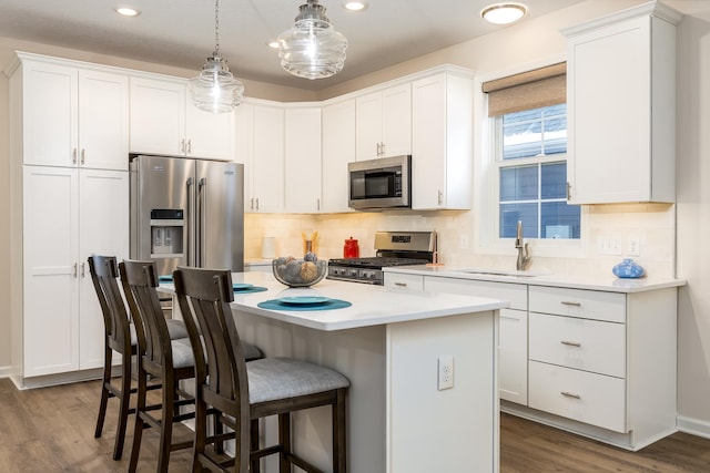 17865 Graphite Ln, Lakeville, MN 55044 - kitchen featuring a kitchen breakfast bar, a sink, light countertops, appliances with stainless steel finishes, and dark wood-type flooring