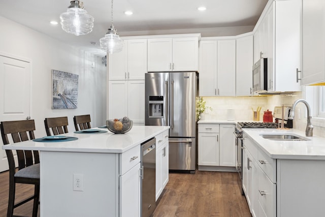 17865 Graphite Ln, Lakeville, MN 55044 - kitchen featuring dark wood-style floors, a kitchen breakfast bar, stainless steel appliances, and a sink
