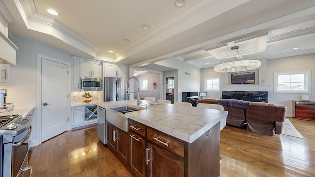 kitchen with appliances with stainless steel finishes, a sink, dark wood-style floors, open floor plan, and ornamental molding