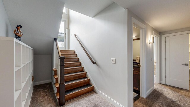 stairway featuring baseboards and carpet flooring