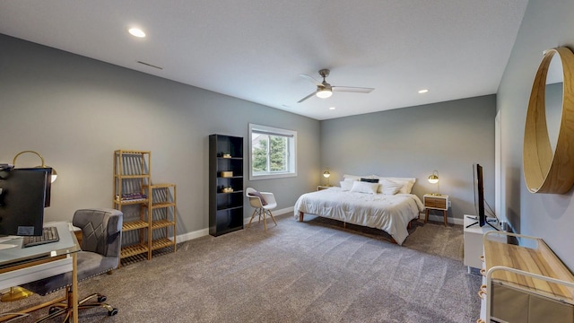 bedroom featuring carpet flooring, recessed lighting, baseboards, and ceiling fan
