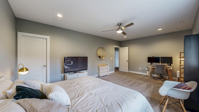 bedroom with carpet floors, recessed lighting, baseboards, and ceiling fan