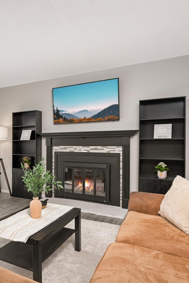 living area with a glass covered fireplace and wood finished floors