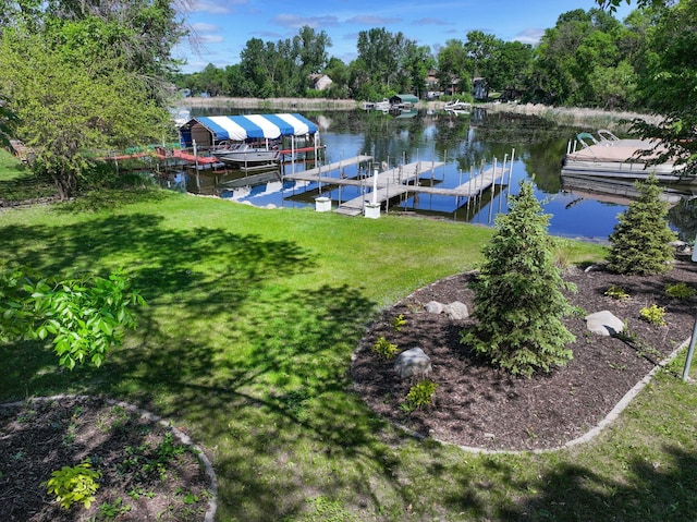 1657 Dove Ln, Mound, MN 55364 - dock area with a water view, boat lift, a yard, and view of wooded area