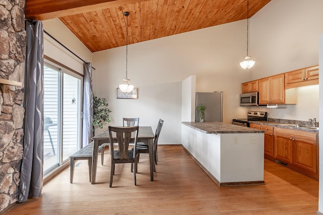 8372 Lower 138th Ct, Apple Valley, MN 55124 - kitchen featuring appliances with stainless steel finishes, dark countertops, a peninsula, wooden ceiling, and light wood-style floors