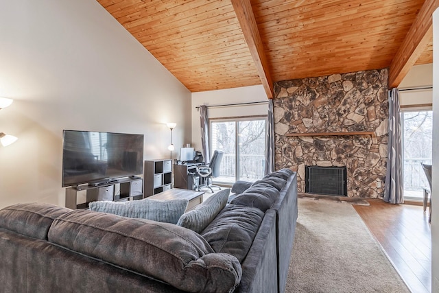 8372 Lower 138th Ct, Apple Valley, MN 55124 - living room with a wood ceiling with exposed beams, plenty of natural light, wood finished floors, a fireplace, and high vaulted ceiling