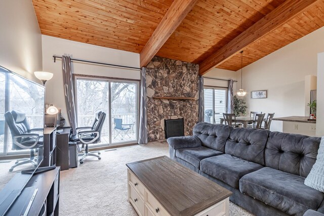 8372 Lower 138th Ct, Apple Valley, MN 55124 - living room with light carpet, wooden ceiling, an office area, and a fireplace