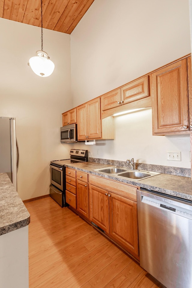 8372 Lower 138th Ct, Apple Valley, MN 55124 - kitchen featuring appliances with stainless steel finishes, high vaulted ceiling, light wood-style floors, hanging light fixtures, and wooden ceiling