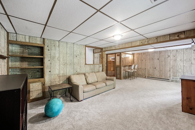 805 Ithaca Ln N, Plymouth, MN 55447 - carpeted living room with a paneled ceiling and a baseboard heating unit
