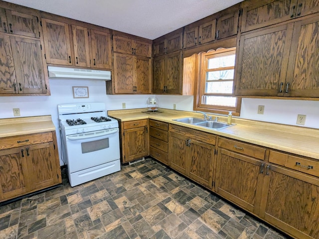 46167 Jefferson Lake Dr, Cleveland Twp, MN 56017 - kitchen featuring a sink, light countertops, gas range gas stove, and under cabinet range hood