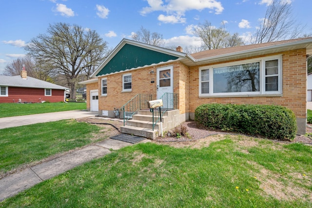 bungalow-style house featuring brick siding, a front lawn, a chimney, and concrete driveway