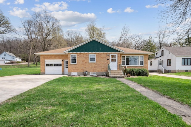 view of front of home featuring a garage, brick siding, a front lawn, concrete driveway, and entry steps