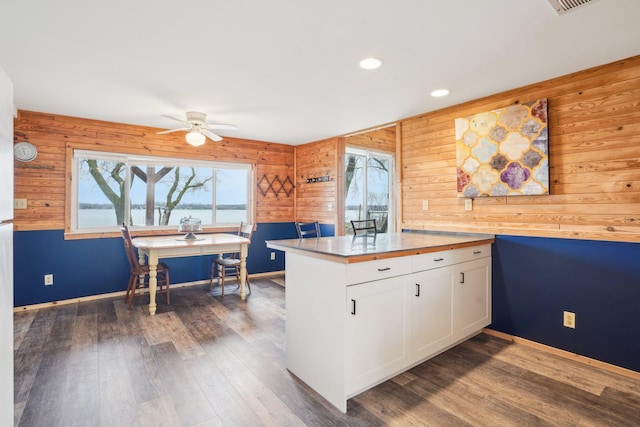 kitchen with dark wood-type flooring, white cabinetry, and a healthy amount of sunlight