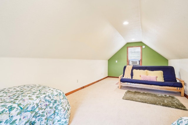 bedroom featuring lofted ceiling, baseboards, recessed lighting, cooling unit, and carpet