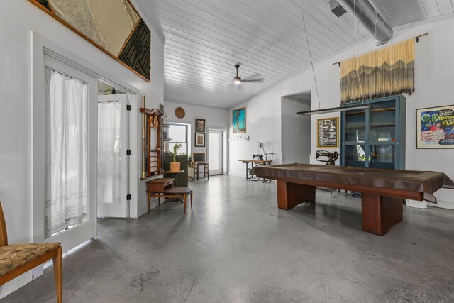 game room featuring a ceiling fan, concrete floors, pool table, and high vaulted ceiling
