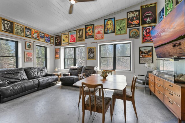 dining room with a ceiling fan, wooden ceiling, lofted ceiling, and finished concrete flooring