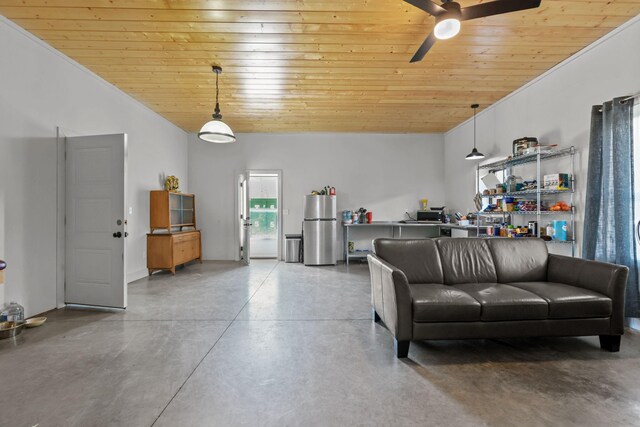 living area with wood ceiling, ceiling fan, and concrete floors