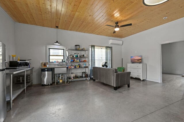 living room with a ceiling fan, a wall mounted AC, concrete floors, and wood ceiling