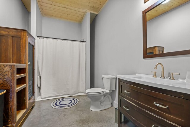 full bath featuring finished concrete floors, wooden ceiling, vanity, toilet, and a shower with shower curtain