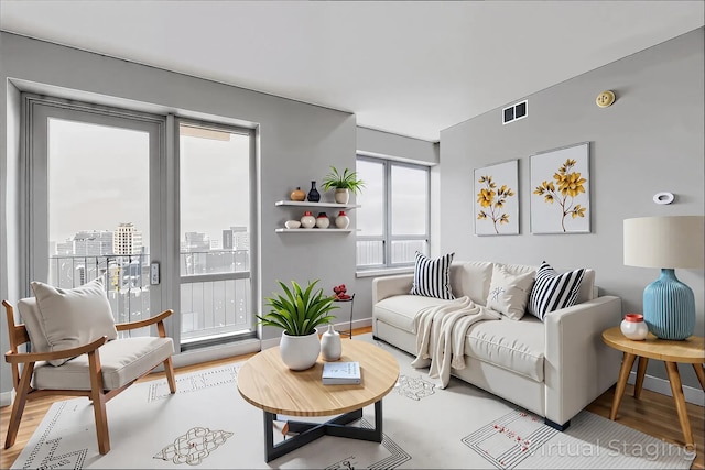 living area featuring wood finished floors and baseboards
