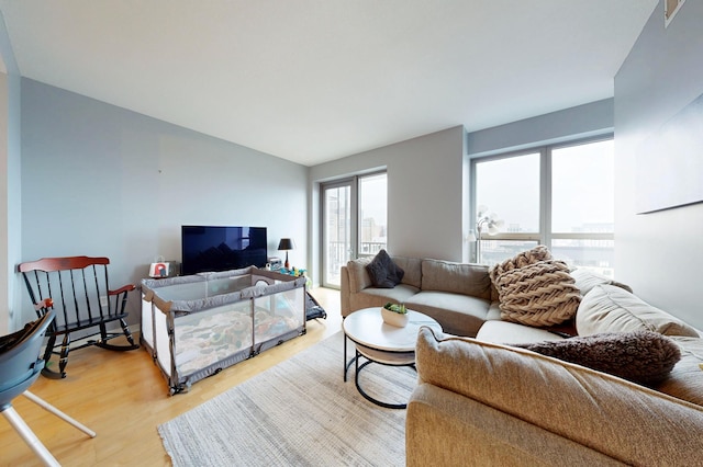 living area featuring wood finished floors and lofted ceiling