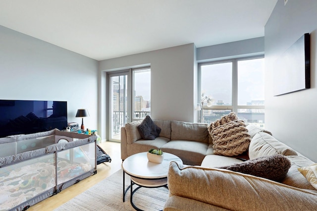 living room featuring light wood-style flooring and a view of city