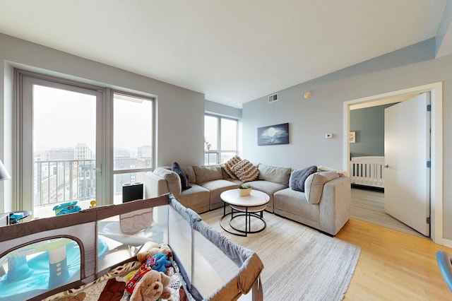 living area with light wood finished floors and radiator heating unit