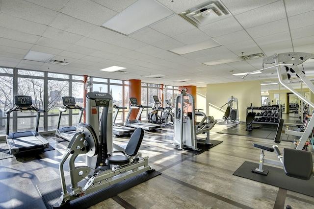 exercise room with a paneled ceiling and expansive windows