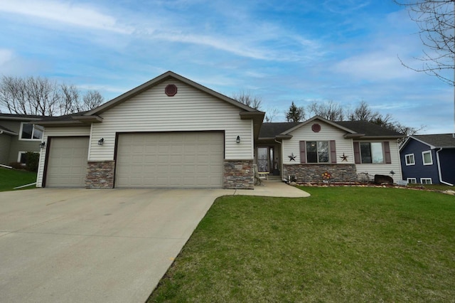 ranch-style house with concrete driveway, an attached garage, a front lawn, and stone siding