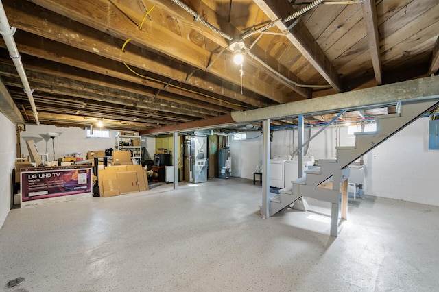 5840 Nevada Ave N, Crystal, MN 55428 - basement featuring independent washer and dryer, water heater, heating unit, stairs, and concrete block wall