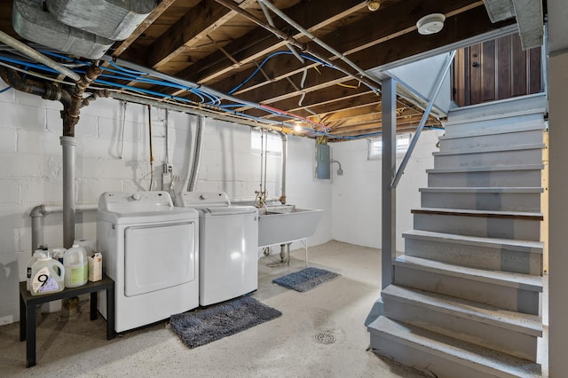 5840 Nevada Ave N, Crystal, MN 55428 - unfinished basement featuring washing machine and clothes dryer, electric panel, stairs, and a sink