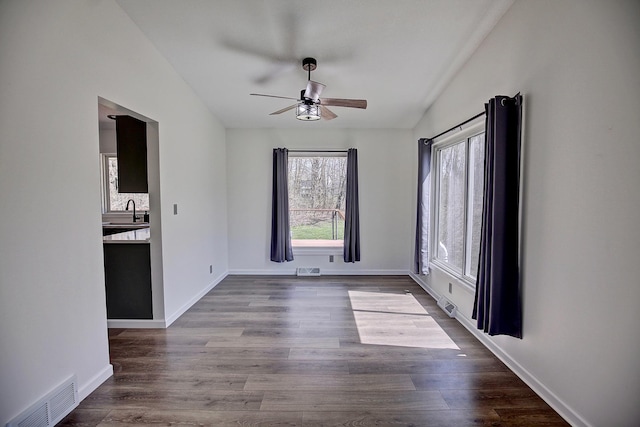 25755 E Comfort Dr, Wyoming, MN 55013 - empty room featuring lofted ceiling, a ceiling fan, visible vents, and a sink