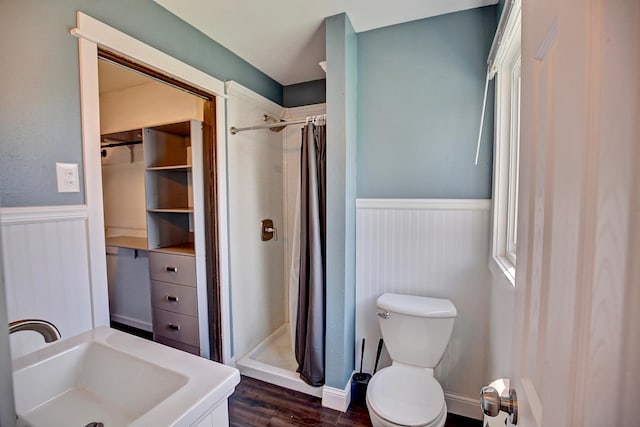25755 E Comfort Dr, Wyoming, MN 55013 - bathroom featuring a shower stall, a wainscoted wall, and a sink