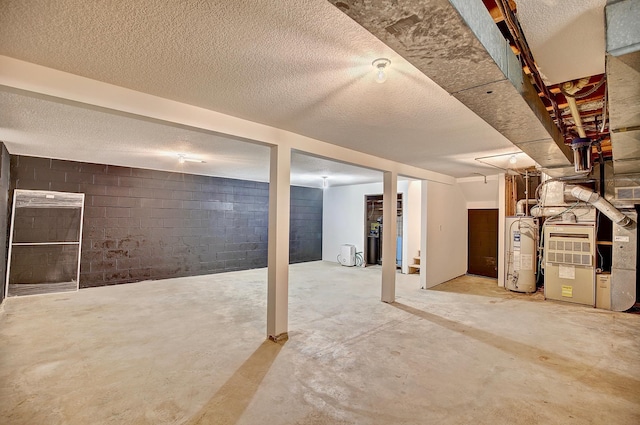 25755 E Comfort Dr, Wyoming, MN 55013 - finished below grade area featuring stairs, heating unit, a textured ceiling, water heater, and concrete block wall