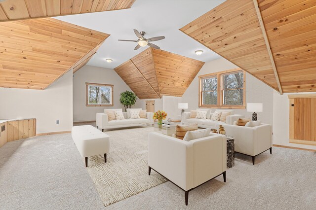 living room featuring baseboards, carpet flooring, lofted ceiling, and wooden ceiling