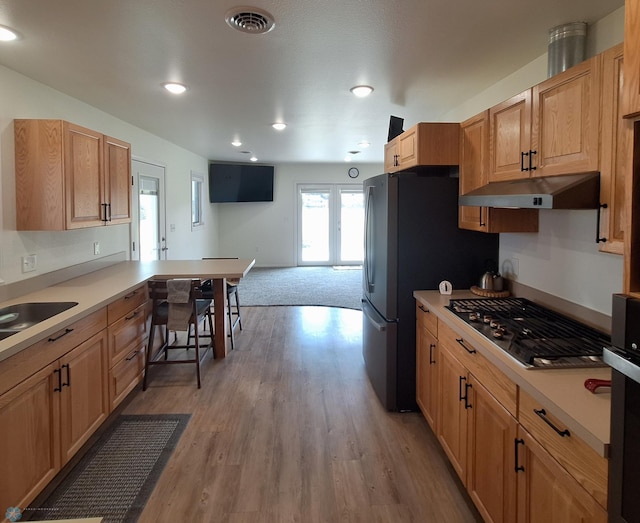 409 Prairieview St, St Thomas, ND 58276 - kitchen featuring under cabinet range hood, light wood-type flooring, visible vents, light countertops, and appliances with stainless steel finishes