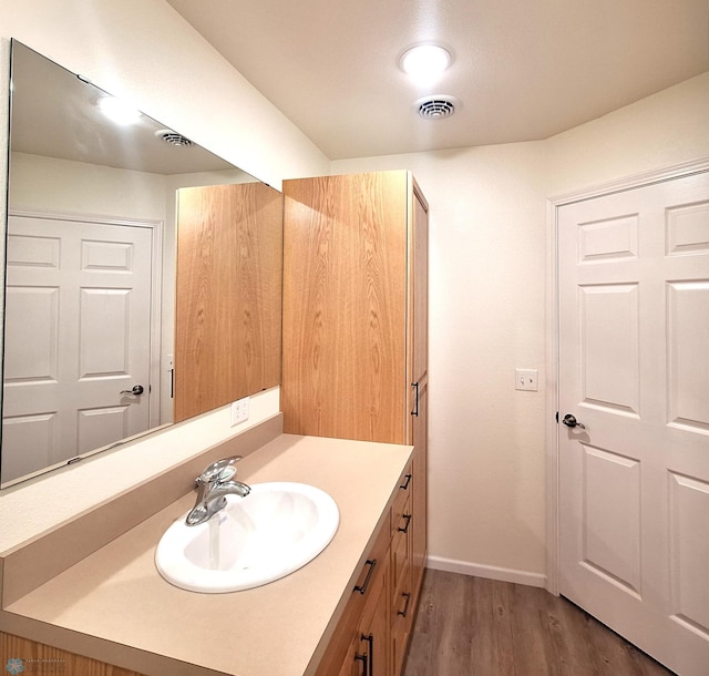 409 Prairieview St, St Thomas, ND 58276 - bathroom with baseboards, visible vents, wood finished floors, and vanity