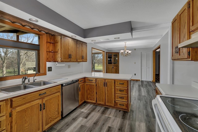 kitchen with electric stove, a sink, a peninsula, stainless steel dishwasher, and wood finished floors