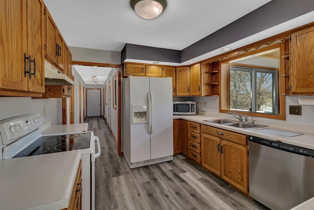 kitchen with a sink, under cabinet range hood, light wood-style floors, open shelves, and appliances with stainless steel finishes