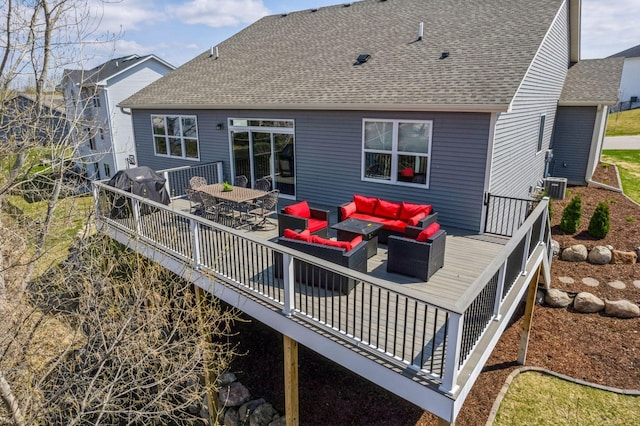 back of house with roof with shingles, central AC, a wooden deck, outdoor dining space, and an outdoor living space