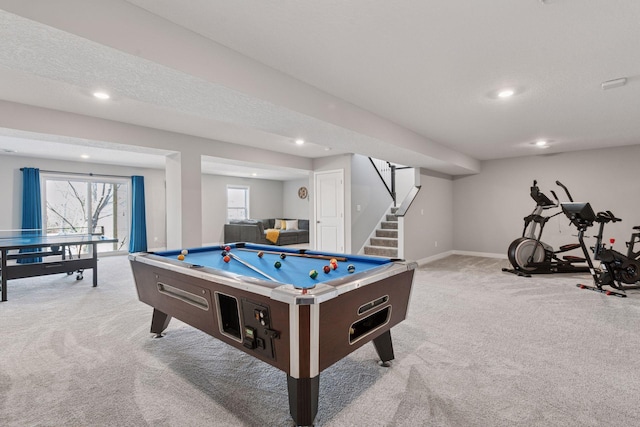 recreation room with light carpet, baseboards, pool table, and recessed lighting
