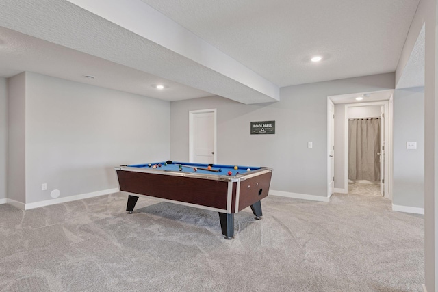 recreation room with recessed lighting, carpet floors, pool table, and baseboards