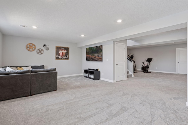 carpeted living area with recessed lighting, stairway, a textured ceiling, and baseboards