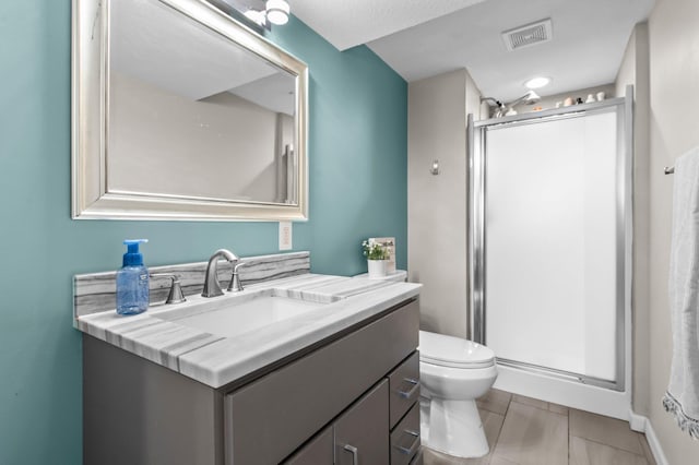 full bath with visible vents, a stall shower, toilet, and vanity