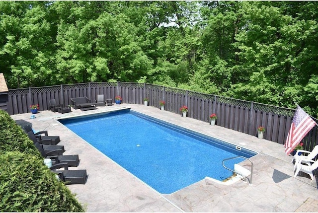 view of swimming pool featuring a fenced backyard, a patio, and a fenced in pool